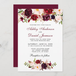 Convite para Casamento Floral Watercolor Burgundy