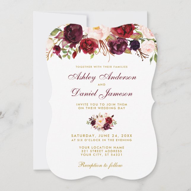 Convite para Casamento Floral Watercolor Burgundy  (Frente)