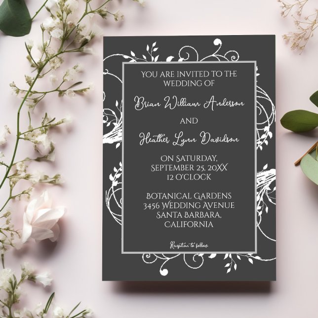 Convite para Casamento Floreado de cinzas (Gray Flourish Wedding Invitation)