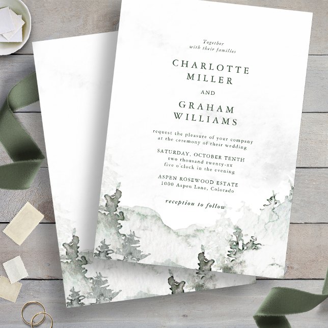 Convite para Casamento Florestal Minimalista de Aq (Green and White - Watercolor Minimalist Forest Wedding Invitation
)