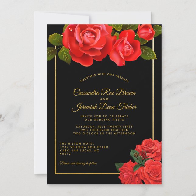 Convite para Casamento Formal Preto e rosas vermel (Frente)