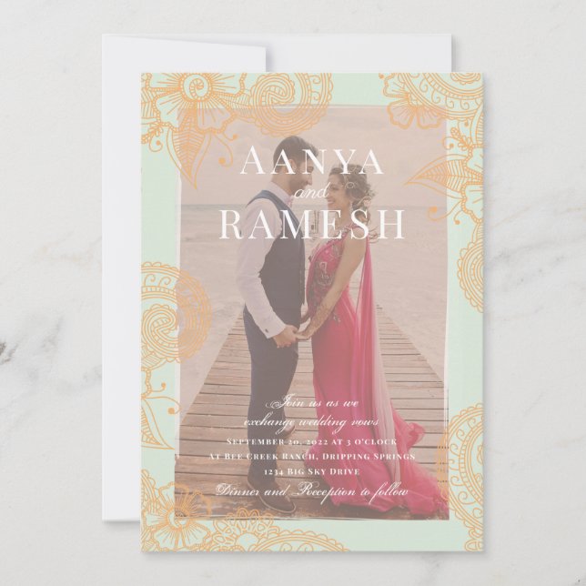 Convite Para Casamento Fotográfico Mehndi (Frente)