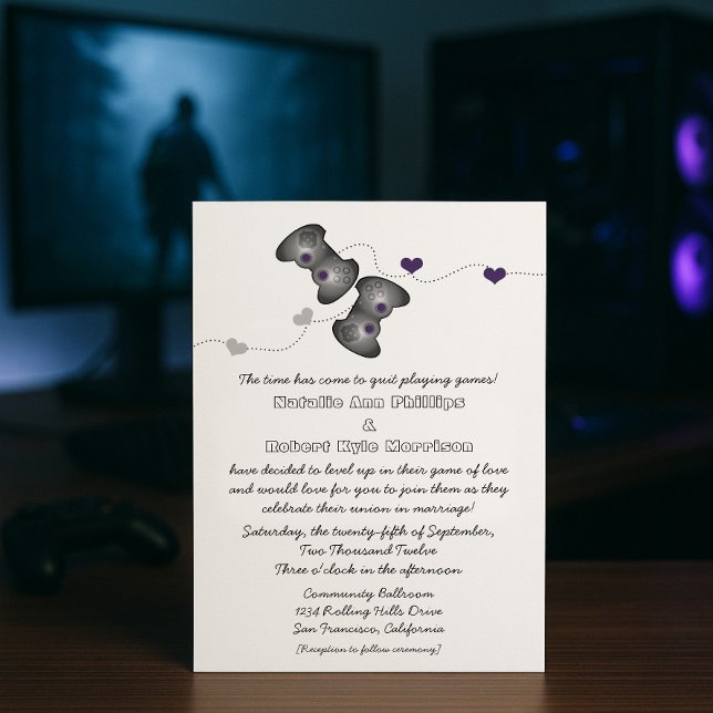 Convite para Casamento Geeky Gamers (Prata/Roxo) (Silver Purple Geeky Gamers Wedding Invitation)