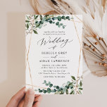 Convite para Casamento Geométrico Dourado Moderno<br><div class="desc">Esta elegante coleção do Rustic Greenery apresenta uma mistura de botânica verde-aquática,  um roteiro de caligrafia moderno,  emparelhado com uma letra serif clássica em preto e um monograma personalizado no verso. Itens correspondentes disponíveis.</div>