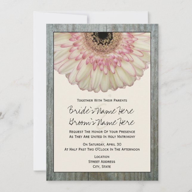 Convite para Casamento Gerbera Daisy & Barnwood (Frente)