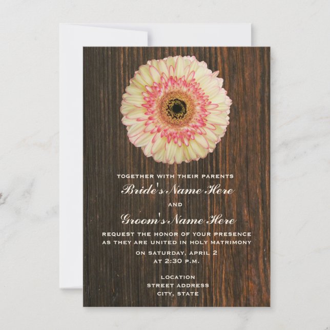 Convite para Casamento Gerbera Daisy & Barnwood (Frente)
