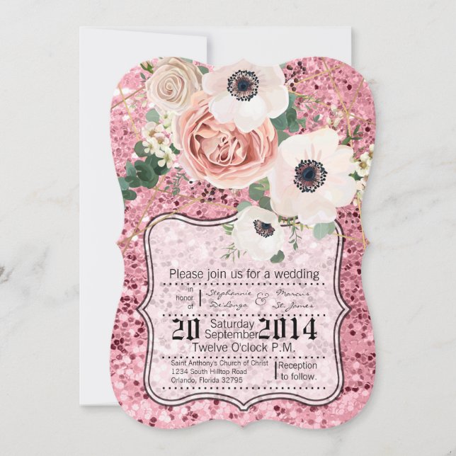 Convite para Casamento Glitt de Rosa de Jardim Geo (Frente)