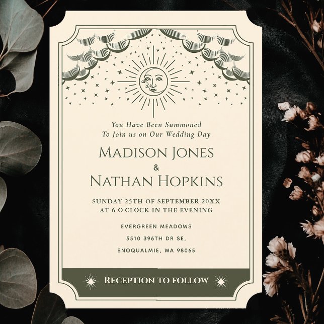 Convite para Casamento Gótico de Olive Sun & Moon  (Criador carregado)