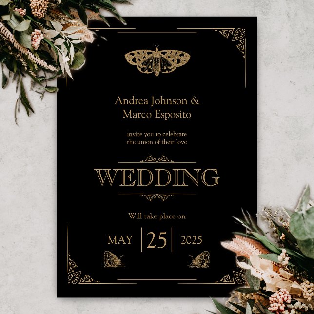 Convite para Casamento Gótico Elegante da Moth Vic (Gothic Moth Tattoo Wedding Invitation)