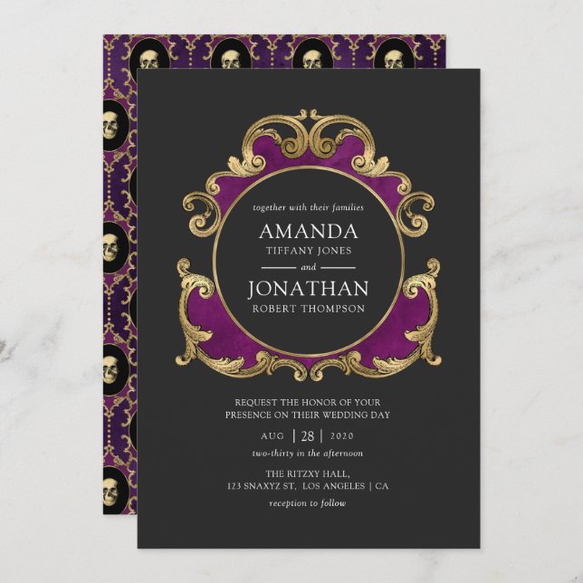 Convite para Casamento Gótico Roxo, Preto e Dourad (Frente/Verso)