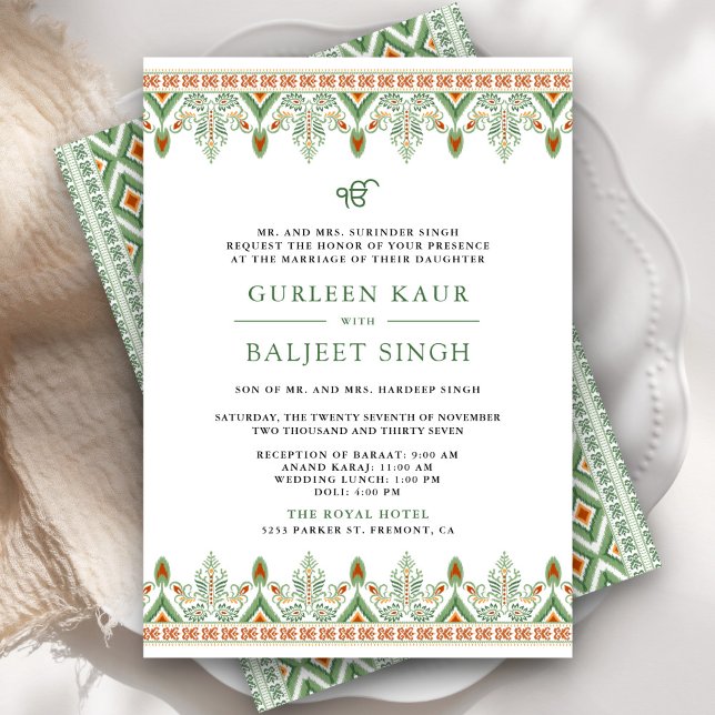 Convite para Casamento Green Ikat Anand Karaj Sikh (Criador carregado)