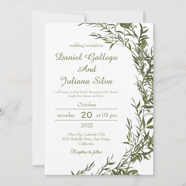 Convite para Casamento Greenery Watercolor (Frente)