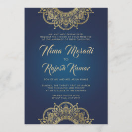 Convite para casamento indiano, azul, Dourado, Man