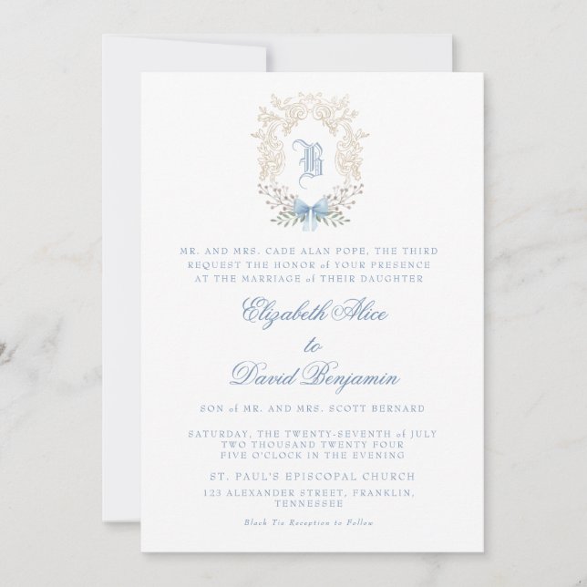Convite para Casamento Inicial de Crest Blue (Frente)