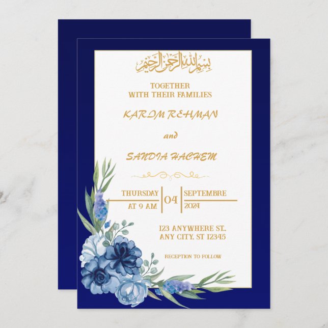 Convite para Casamento Islâmico de Nikah Blue (Frente/Verso)
