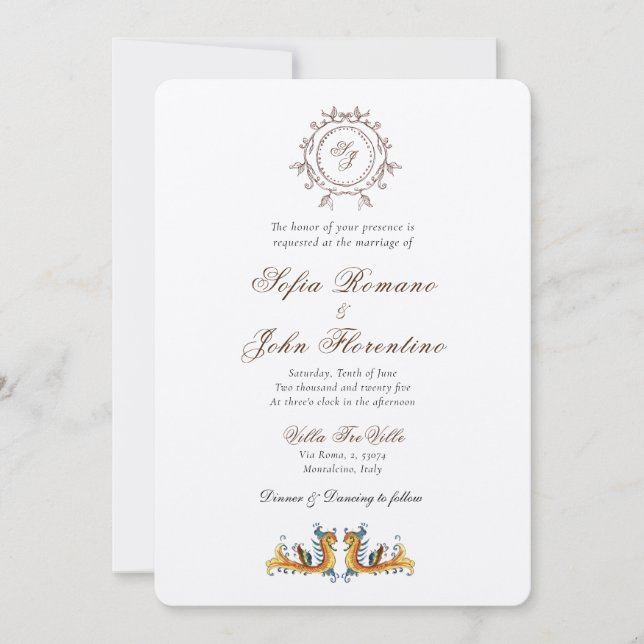 Convite para casamento italiano Elegante Monogramm (Frente)