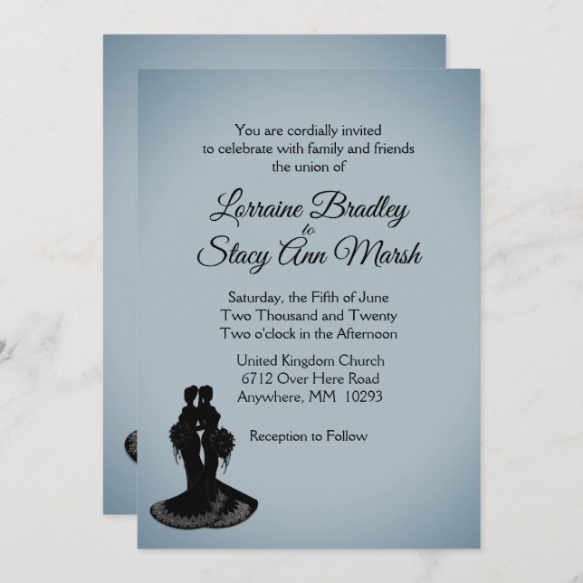 Convite para Casamento Lésbica de Névoa Azul Elega (Frente/Verso)