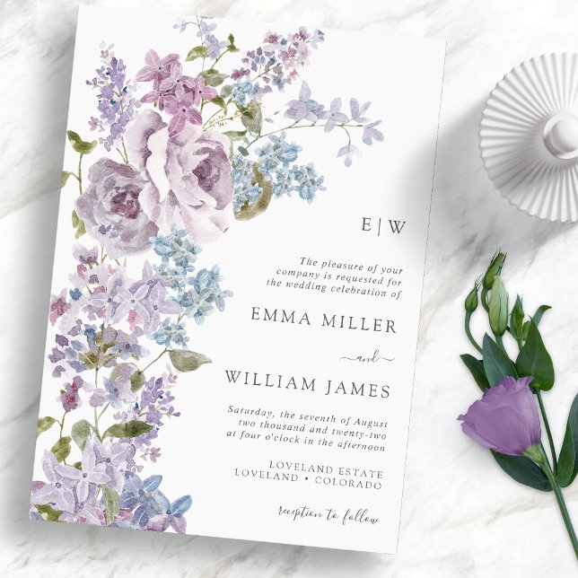 Convite para Casamento Lilac Elegante (Elegant Watercolor Lilac Wedding Invitation Monogram by Painted Paperie)