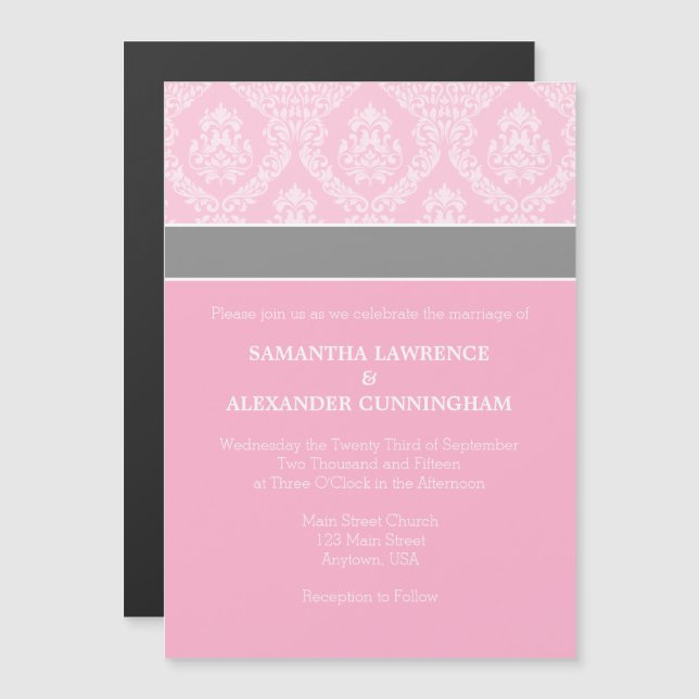 Convite para Casamento Magnético de Damasco Rosa (Frente/Verso)