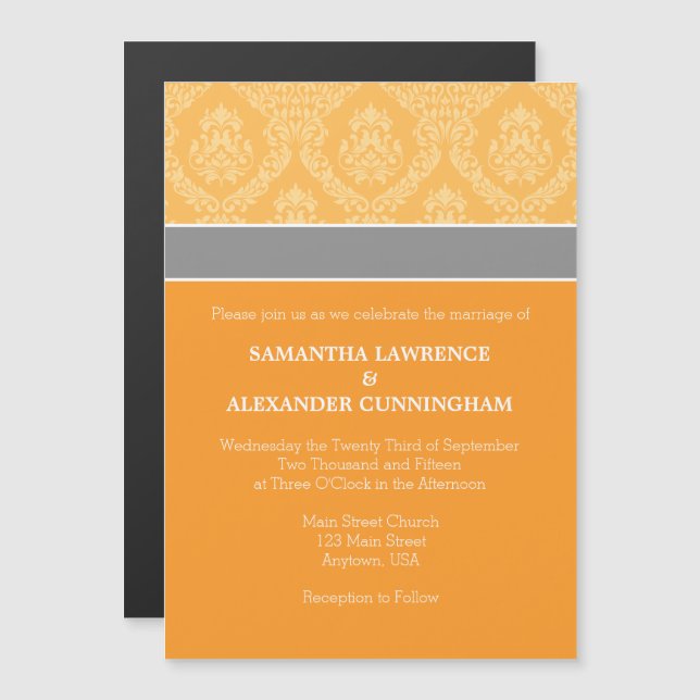 Convite para Casamento Magnético Orange Damask (Frente/Verso)