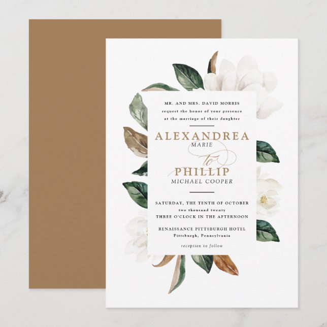 Convite para Casamento Magnolia| Branco (Frente/Verso)