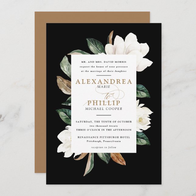 Convite para Casamento Magnolia | Branco (Frente/Verso)