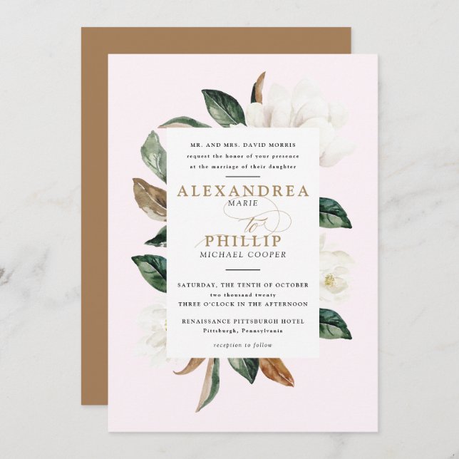 Convite para Casamento Magnolia| Cor-de-rosa (Frente/Verso)