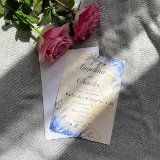 Convite para Casamento Marble Dourado Rosas Azuis