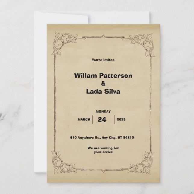 convite para casamento marrom vintage (Frente)