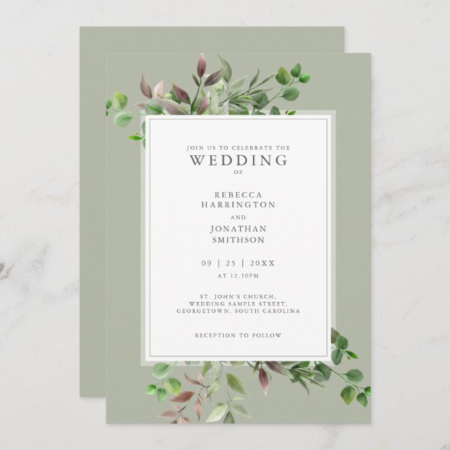 Convite para Casamento Mínimo Elegante Greenery (Frente/Verso)