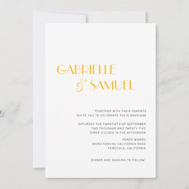 Convite para Casamento Mínimo Moderno Amarelo de M (Frente)