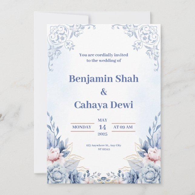 Convite para casamento moderno azul (Frente)