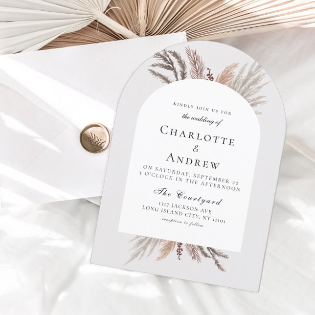 Convite para Casamento Moderno Boho Pampasgras (Modern Boho Pampasgras Light-Gray Wedding Invitation)