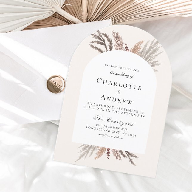 Convite para Casamento Moderno Boho Pampasgras (Modern Boho Pampasgras Beige Wedding Invitation)