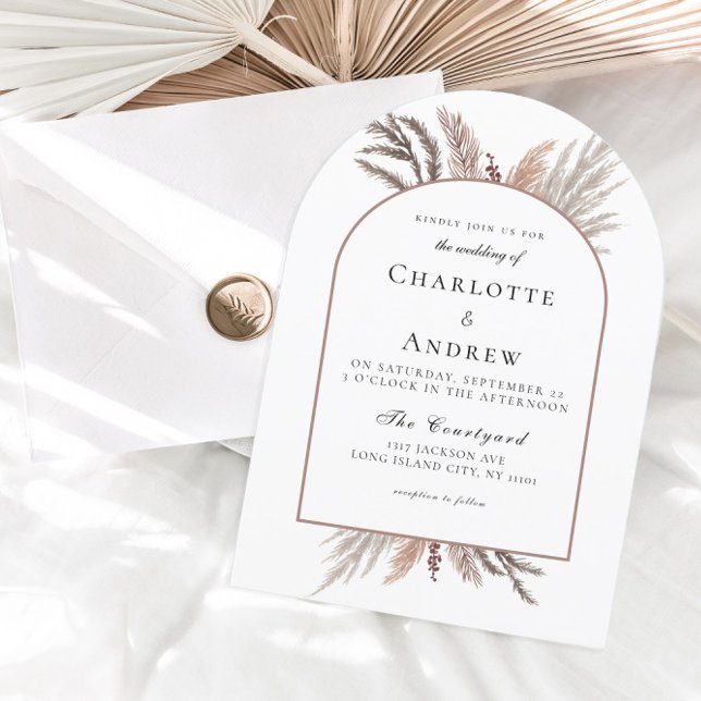 Convite para Casamento Moderno Boho Pampasgras (Modern Boho Pampasgras White Wedding Invitation)
