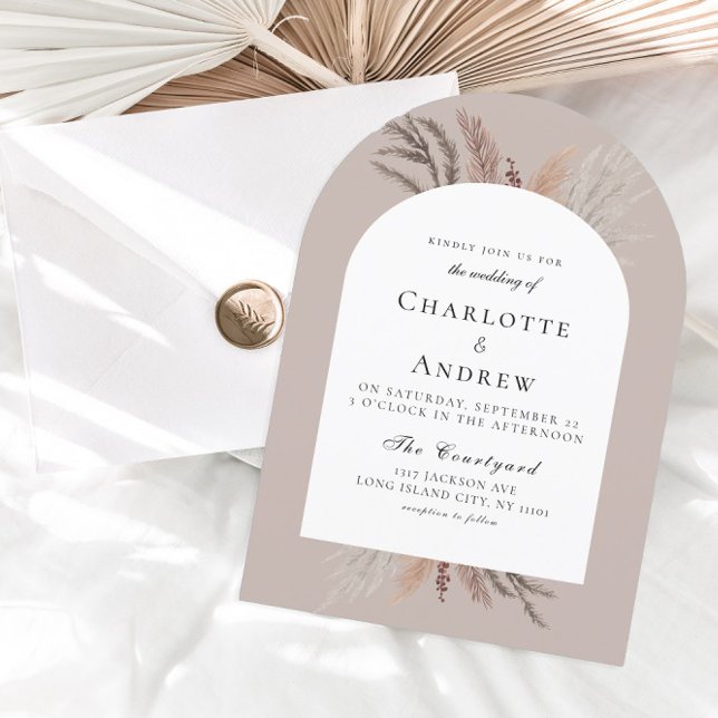 Convite para Casamento Moderno Boho Pampasgras (Modern Boho Pampasgras Light-Brown Wedding Invitation)
