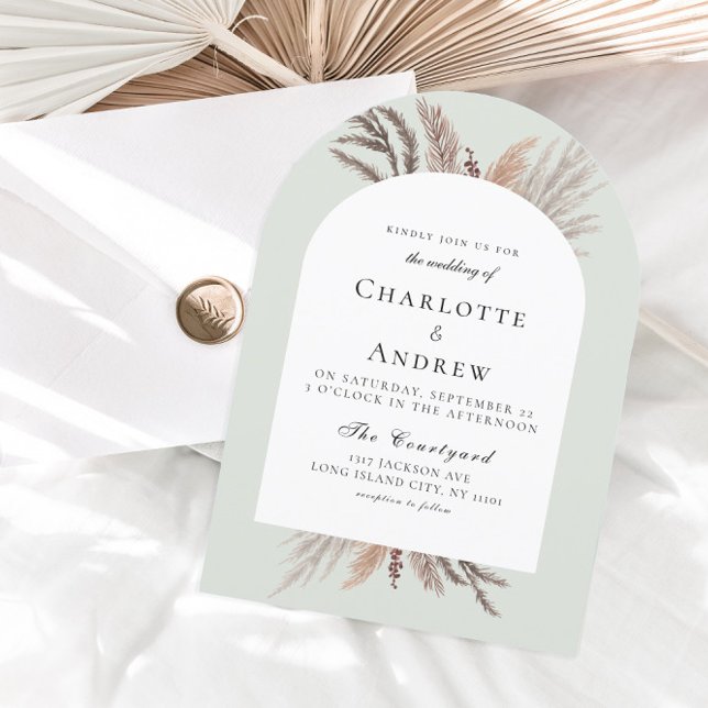 Convite para Casamento Moderno Boho Pampasgras (Modern Boho Pampasgras Sage Green Wedding Invitation)