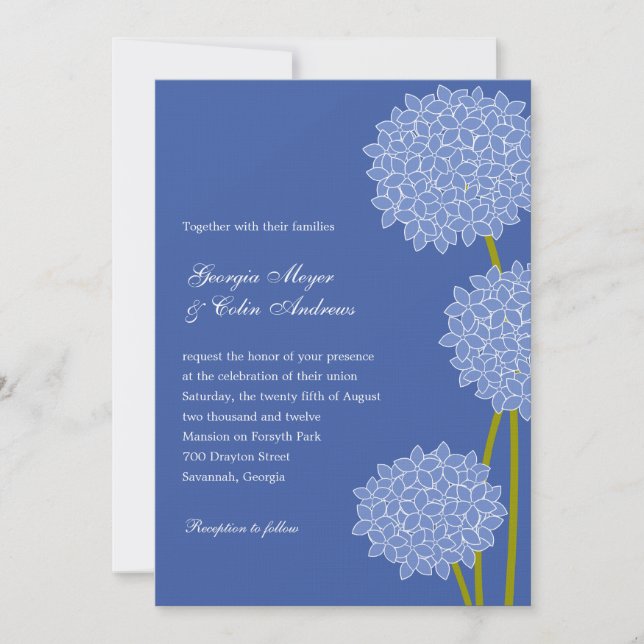 Convite para Casamento Moderno Hydrangeas - Azul (Frente)