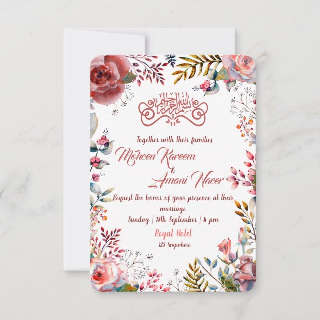 Convite para Casamento Muçulmano Floral Rosa Moder (Frente)
