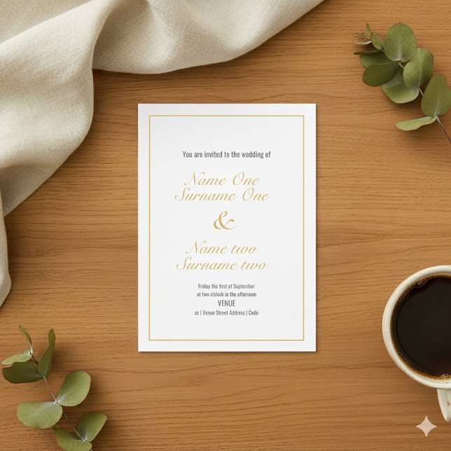 convite para casamento na fronteira Dourada (Gold border wedding invitation with elegant script.)