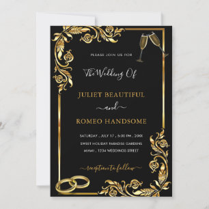 Convite para Casamento Negro de Ouro com Frame de