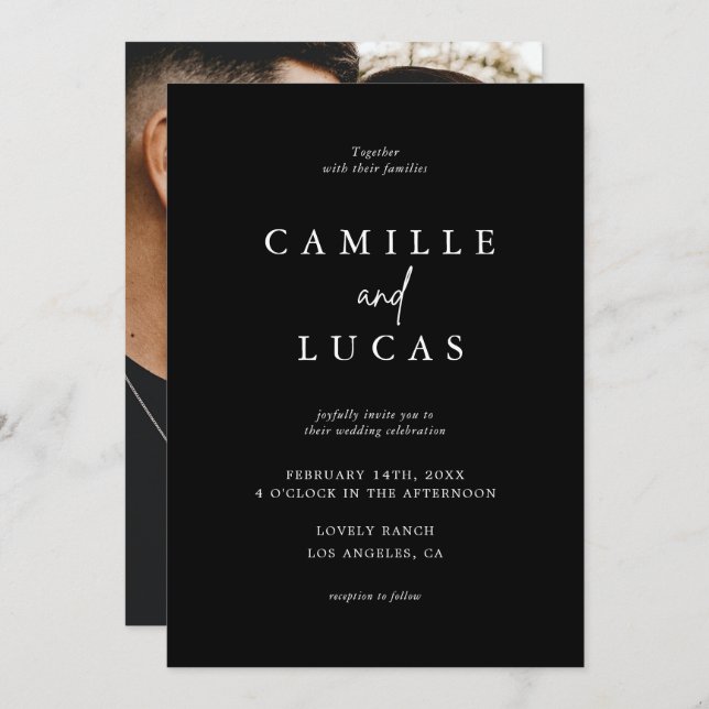 Convite para Casamento Negro e Branco (Frente/Verso)