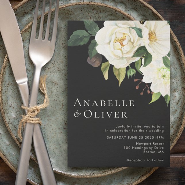 Convite para Casamento Negro Floral Branco Elegant (Criador carregado)