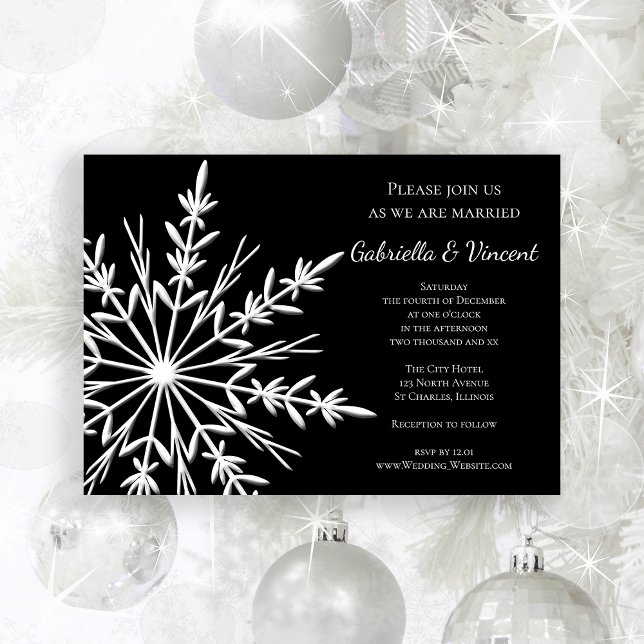 Convite para Casamento no inverno Black White Snow (Invite guests to your wintery marriage with the Black White Snowflake Winter Wedding Invitation.)