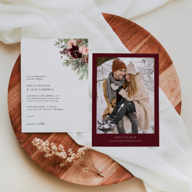 Convite para Casamento no inverno Floral Burgundy  (Criador carregado)