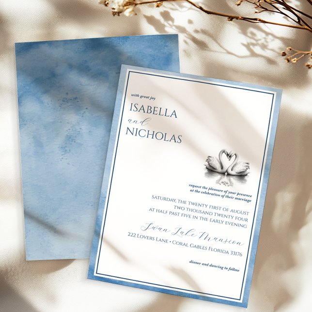 Convite para Casamento no Lago de Swan Azul Dusty (Romantic Wedding Invitation )