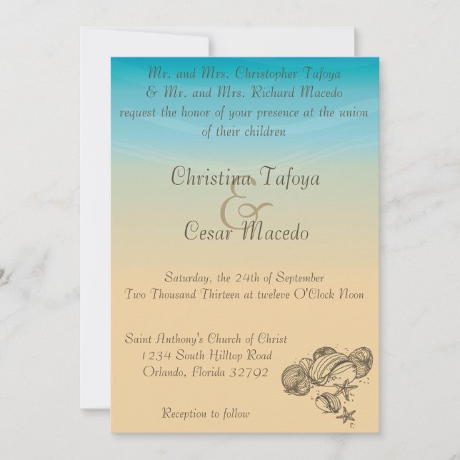 Convite para casamento Ocean Beach Shore Seashells (Frente)