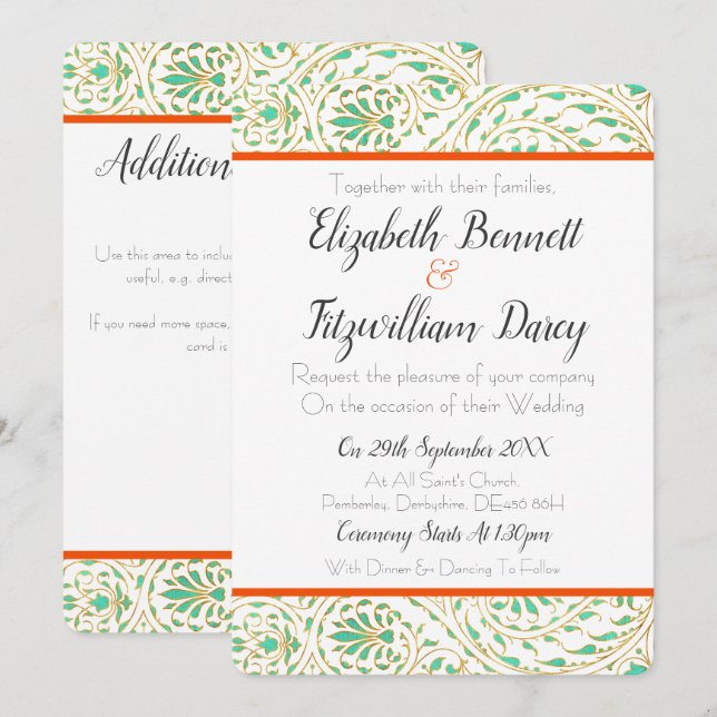 Convite para Casamento Orange and Aqua Art Nouveau (Frente/Verso)