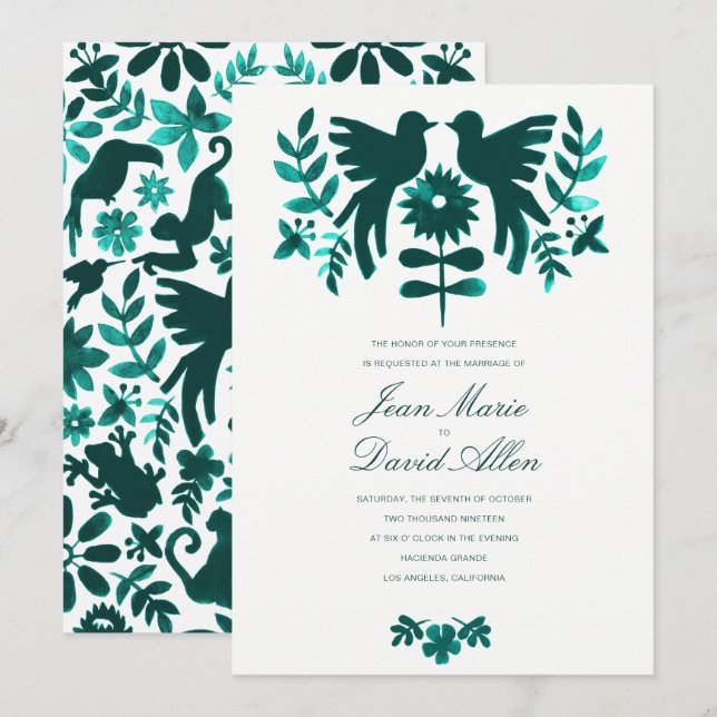 Convite para Casamento Otomi Mexicano - Teal (Frente/Verso)