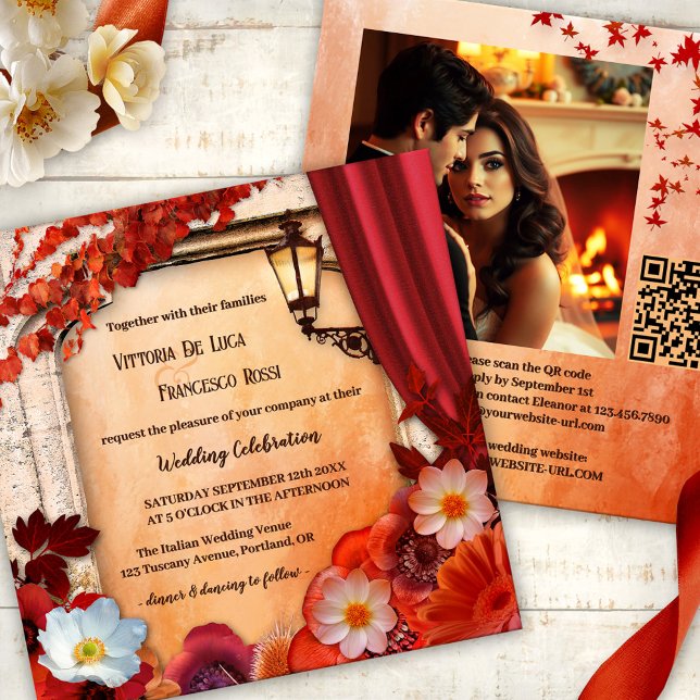 Convite para Casamento outono Clássico Italiano Al (Romantic all-in-one fall wedding invitation showing flowers in classic Italian with a lantern)